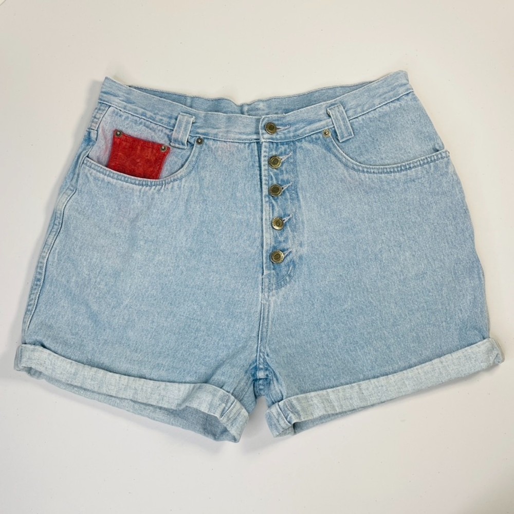 Seruchi Vintage Light Wash High Waist Denim Jean Shorts Womens M Button Fly